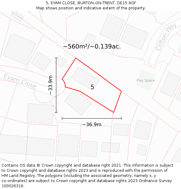 5, EYAM CLOSE, BURTON-ON-TRENT, DE15 9GF: Plot and title map
