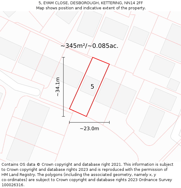 5, EYAM CLOSE, DESBOROUGH, KETTERING, NN14 2FF: Plot and title map
