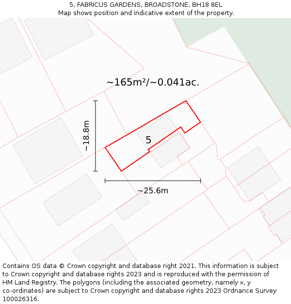 5, FABRICUS GARDENS, BROADSTONE, BH18 8EL: Plot and title map