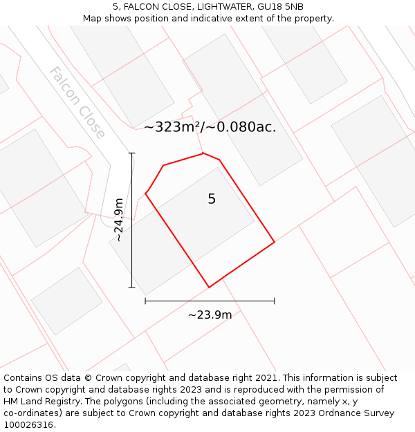 5, FALCON CLOSE, LIGHTWATER, GU18 5NB: Plot and title map