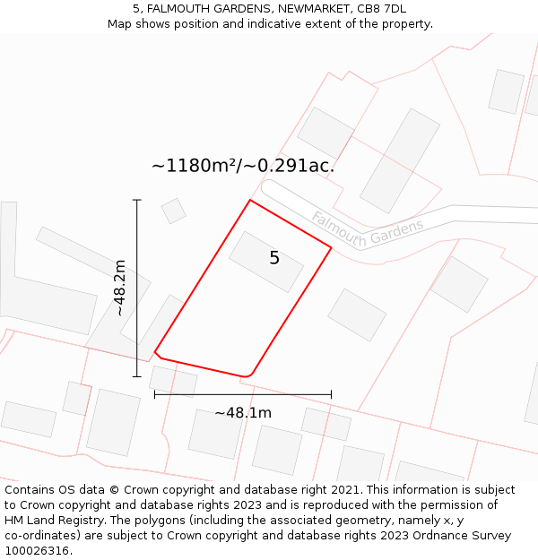 5, FALMOUTH GARDENS, NEWMARKET, CB8 7DL: Plot and title map