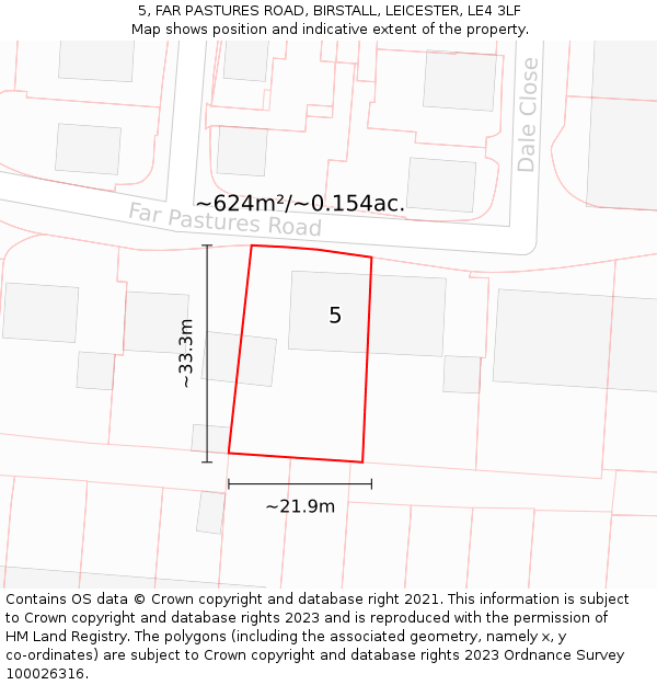5, FAR PASTURES ROAD, BIRSTALL, LEICESTER, LE4 3LF: Plot and title map