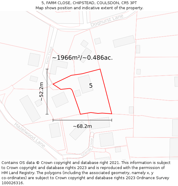 5, FARM CLOSE, CHIPSTEAD, COULSDON, CR5 3PT: Plot and title map