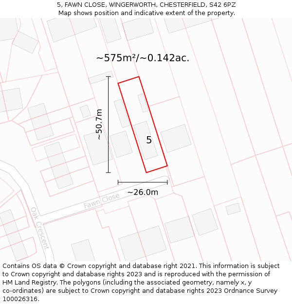 5, FAWN CLOSE, WINGERWORTH, CHESTERFIELD, S42 6PZ: Plot and title map