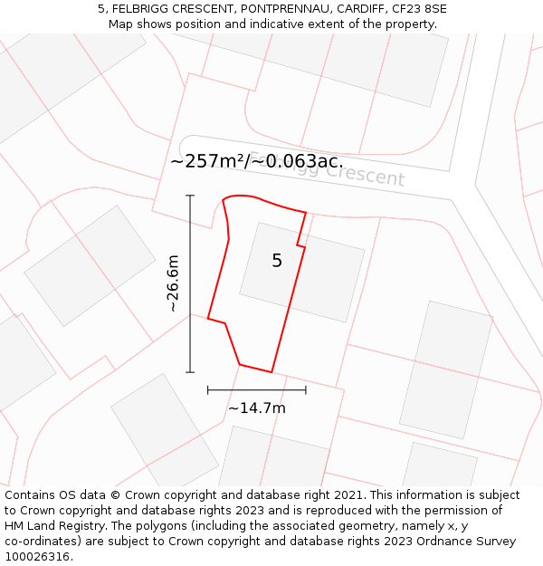 5, FELBRIGG CRESCENT, PONTPRENNAU, CARDIFF, CF23 8SE: Plot and title map