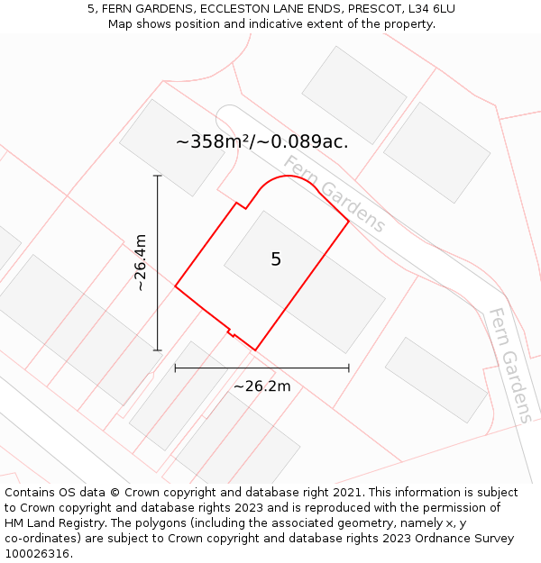 5, FERN GARDENS, ECCLESTON LANE ENDS, PRESCOT, L34 6LU: Plot and title map