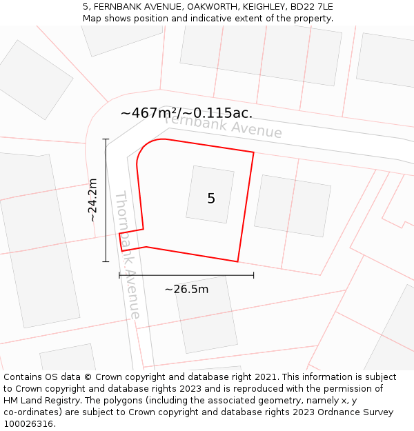 5, FERNBANK AVENUE, OAKWORTH, KEIGHLEY, BD22 7LE: Plot and title map