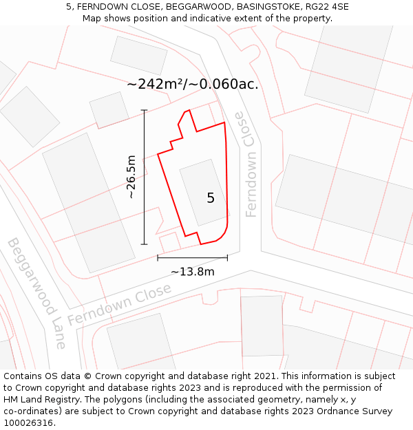 5, FERNDOWN CLOSE, BEGGARWOOD, BASINGSTOKE, RG22 4SE: Plot and title map