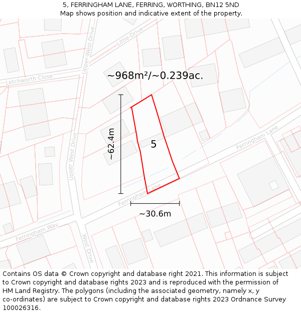5, FERRINGHAM LANE, FERRING, WORTHING, BN12 5ND: Plot and title map