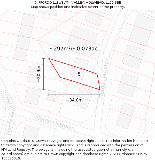 5, FFORDD LLEWELYN, VALLEY, HOLYHEAD, LL65 3BB: Plot and title map