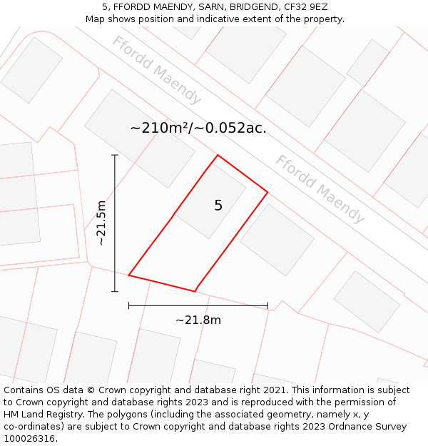 5, FFORDD MAENDY, SARN, BRIDGEND, CF32 9EZ: Plot and title map