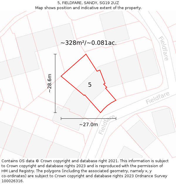 5, FIELDFARE, SANDY, SG19 2UZ: Plot and title map