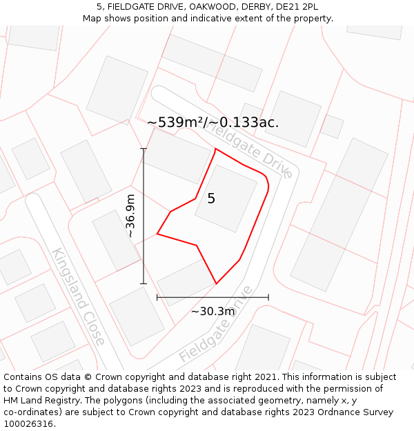 5, FIELDGATE DRIVE, OAKWOOD, DERBY, DE21 2PL: Plot and title map