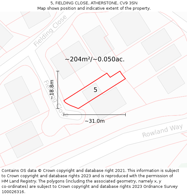 5, FIELDING CLOSE, ATHERSTONE, CV9 3SN: Plot and title map