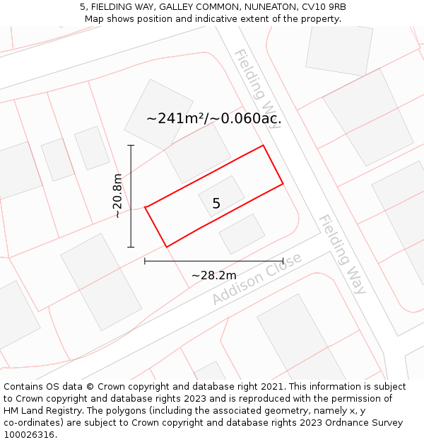 5, FIELDING WAY, GALLEY COMMON, NUNEATON, CV10 9RB: Plot and title map