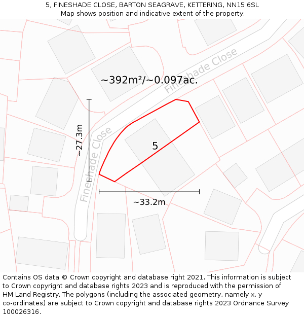 5, FINESHADE CLOSE, BARTON SEAGRAVE, KETTERING, NN15 6SL: Plot and title map
