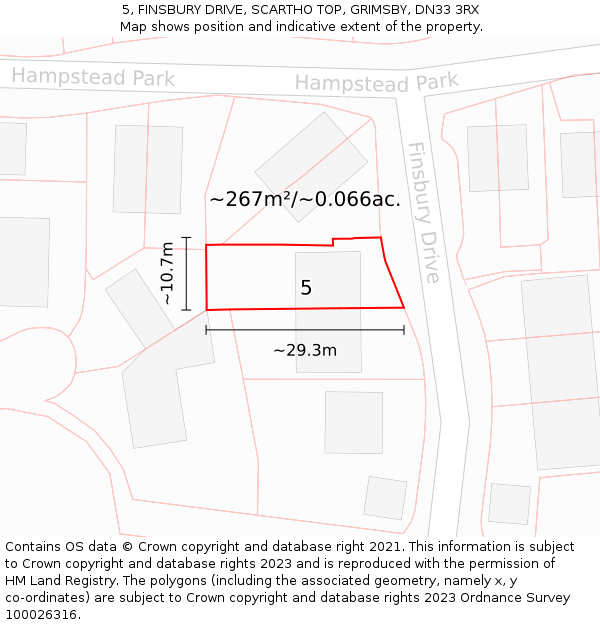 5, FINSBURY DRIVE, SCARTHO TOP, GRIMSBY, DN33 3RX: Plot and title map