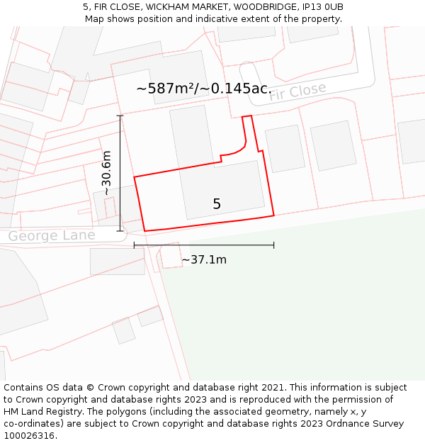 5, FIR CLOSE, WICKHAM MARKET, WOODBRIDGE, IP13 0UB: Plot and title map