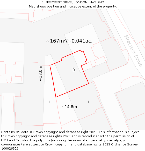 5, FIRECREST DRIVE, LONDON, NW3 7ND: Plot and title map