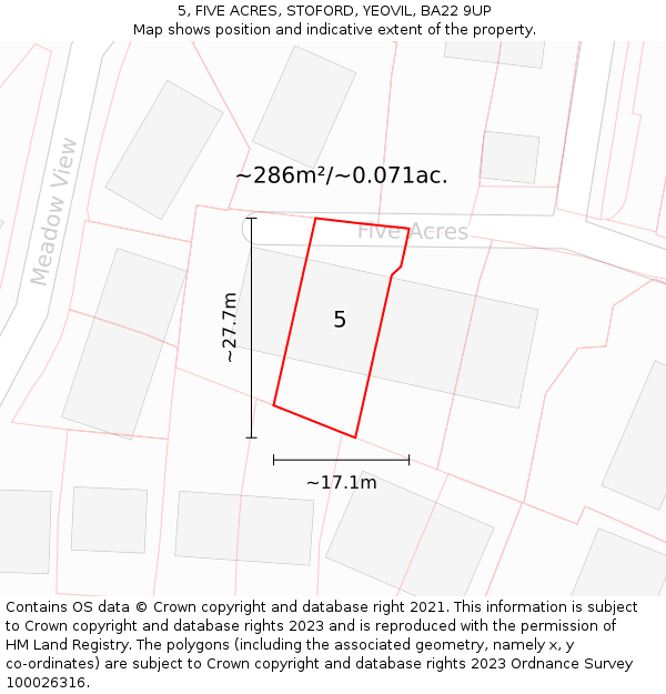 5, FIVE ACRES, STOFORD, YEOVIL, BA22 9UP: Plot and title map