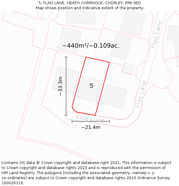 5, FLAG LANE, HEATH CHARNOCK, CHORLEY, PR6 9ED: Plot and title map