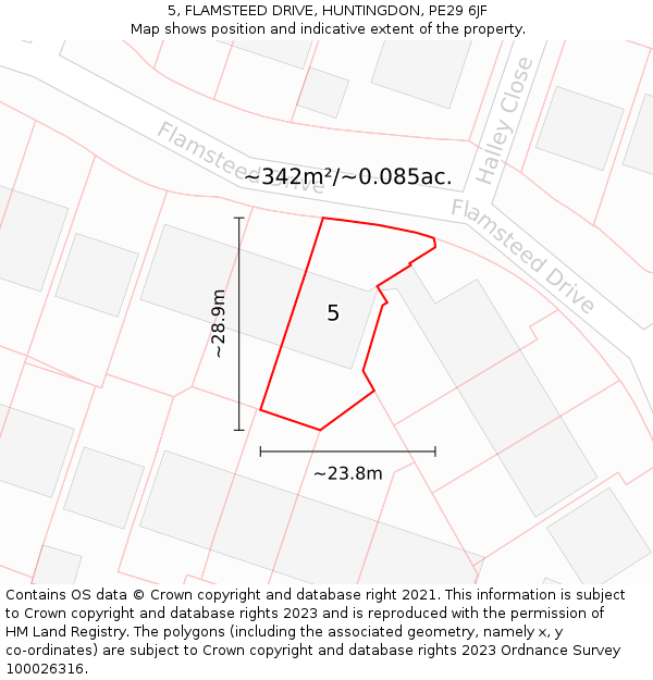 5, FLAMSTEED DRIVE, HUNTINGDON, PE29 6JF: Plot and title map