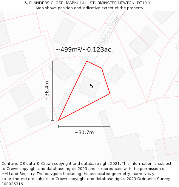 5, FLANDERS CLOSE, MARNHULL, STURMINSTER NEWTON, DT10 1LH: Plot and title map