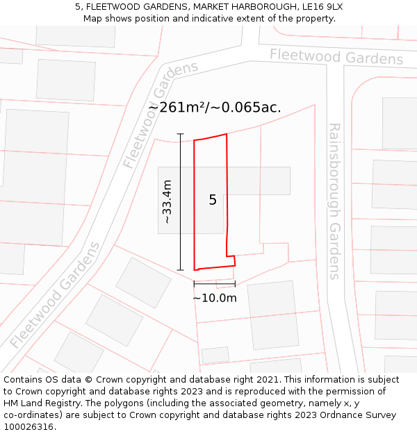 5, FLEETWOOD GARDENS, MARKET HARBOROUGH, LE16 9LX: Plot and title map