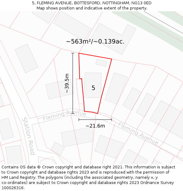 5, FLEMING AVENUE, BOTTESFORD, NOTTINGHAM, NG13 0ED: Plot and title map