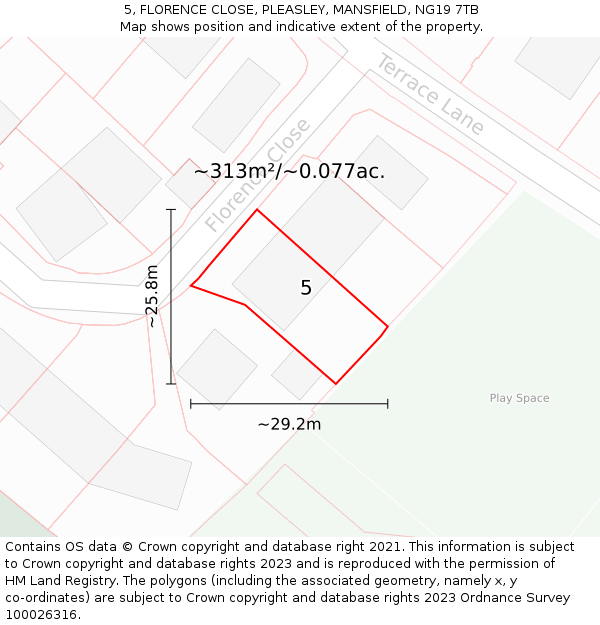 5, FLORENCE CLOSE, PLEASLEY, MANSFIELD, NG19 7TB: Plot and title map