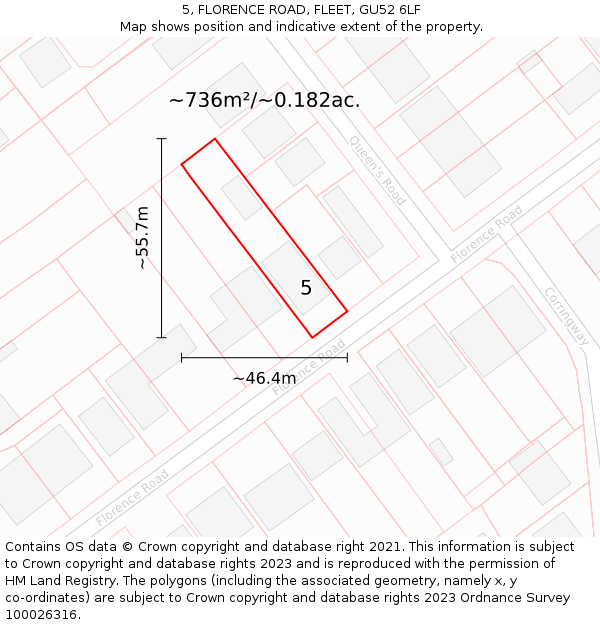 5, FLORENCE ROAD, FLEET, GU52 6LF: Plot and title map