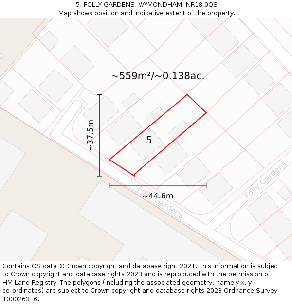 5, FOLLY GARDENS, WYMONDHAM, NR18 0QS: Plot and title map