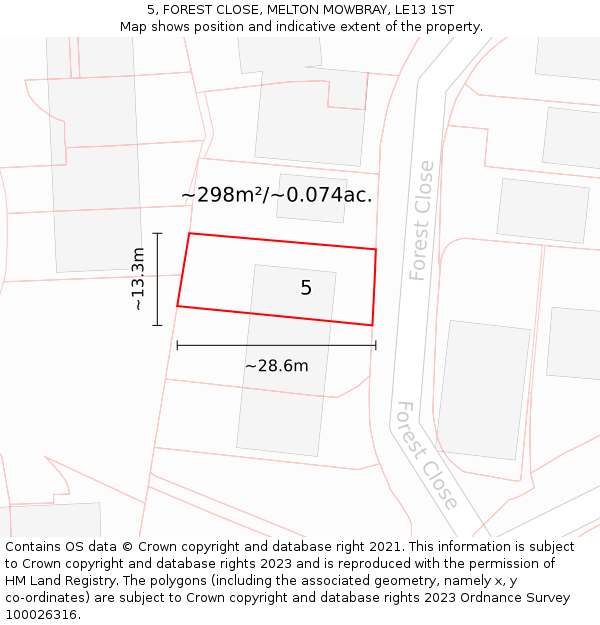 5, FOREST CLOSE, MELTON MOWBRAY, LE13 1ST: Plot and title map