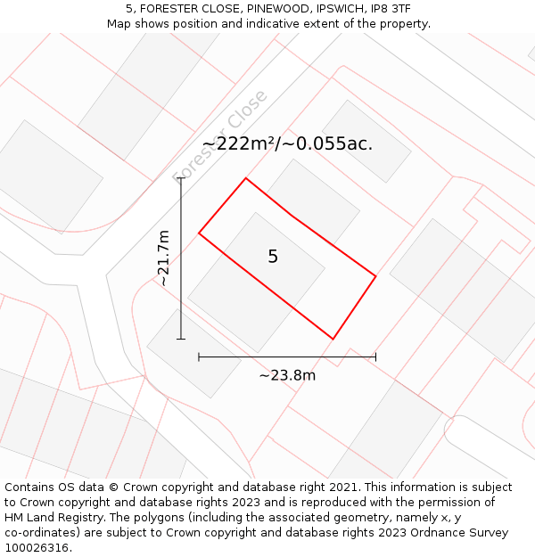 5, FORESTER CLOSE, PINEWOOD, IPSWICH, IP8 3TF: Plot and title map