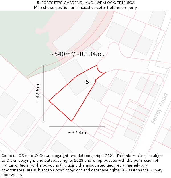 5, FORESTERS GARDENS, MUCH WENLOCK, TF13 6GA: Plot and title map