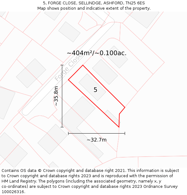 5, FORGE CLOSE, SELLINDGE, ASHFORD, TN25 6ES: Plot and title map
