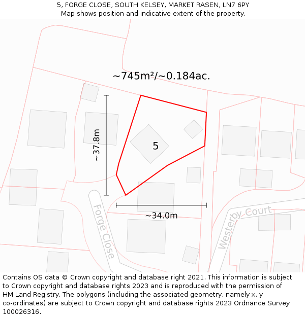 5, FORGE CLOSE, SOUTH KELSEY, MARKET RASEN, LN7 6PY: Plot and title map