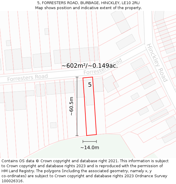5, FORRESTERS ROAD, BURBAGE, HINCKLEY, LE10 2RU: Plot and title map