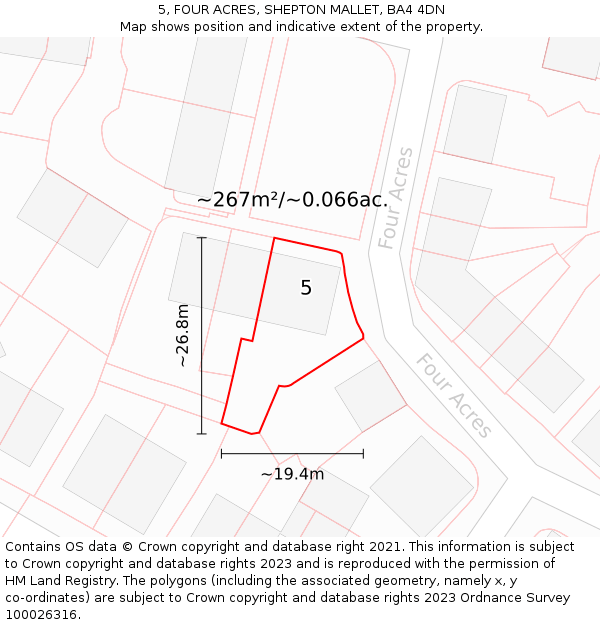 5, FOUR ACRES, SHEPTON MALLET, BA4 4DN: Plot and title map
