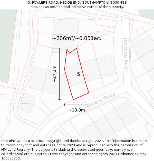 5, FOWLERS ROAD, HEDGE END, SOUTHAMPTON, SO30 4SS: Plot and title map