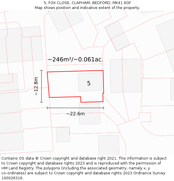 5, FOX CLOSE, CLAPHAM, BEDFORD, MK41 6GF: Plot and title map