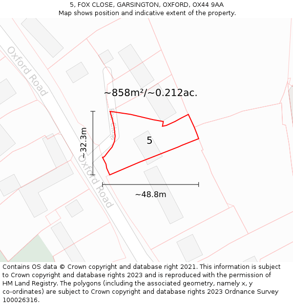 5, FOX CLOSE, GARSINGTON, OXFORD, OX44 9AA: Plot and title map