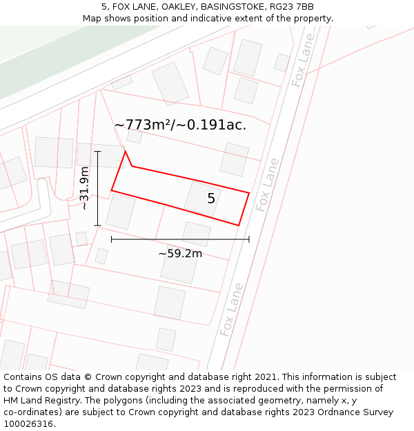 5, FOX LANE, OAKLEY, BASINGSTOKE, RG23 7BB: Plot and title map