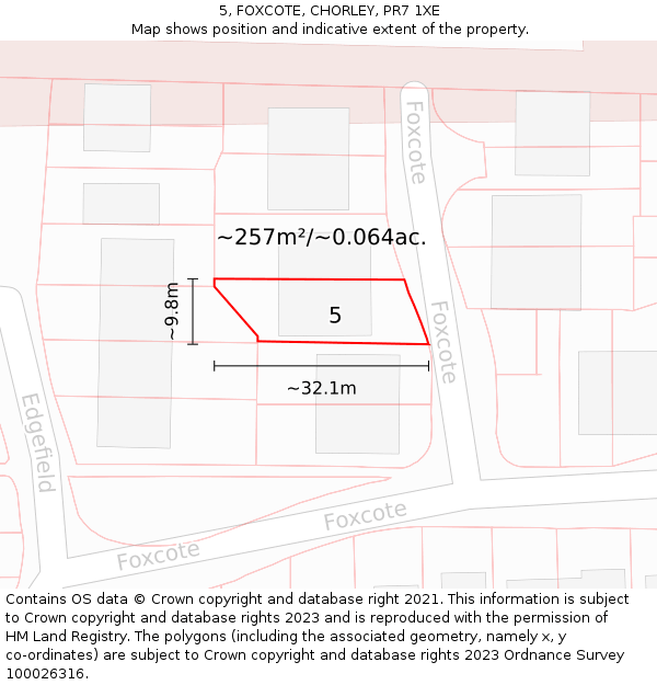 5, FOXCOTE, CHORLEY, PR7 1XE: Plot and title map