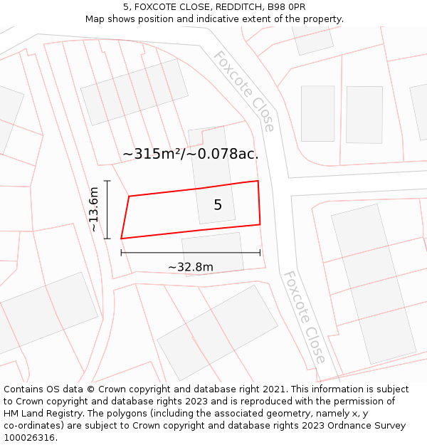 5, FOXCOTE CLOSE, REDDITCH, B98 0PR: Plot and title map