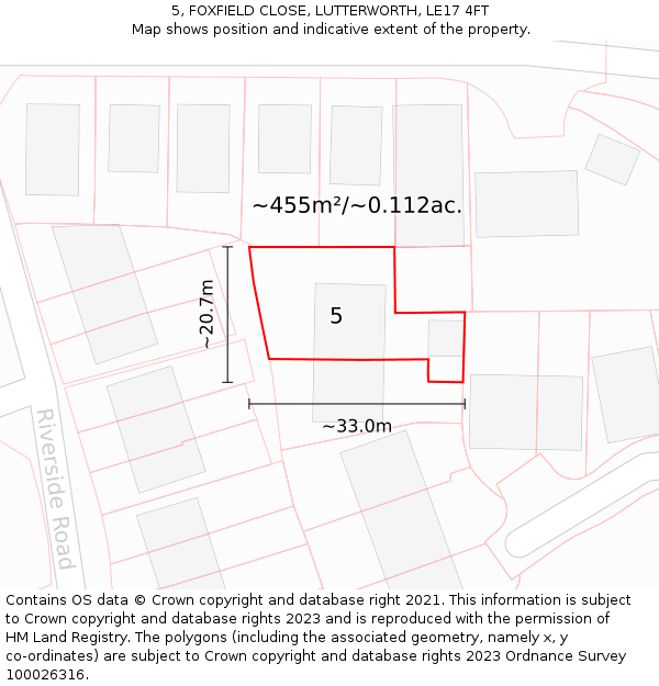 5, FOXFIELD CLOSE, LUTTERWORTH, LE17 4FT: Plot and title map