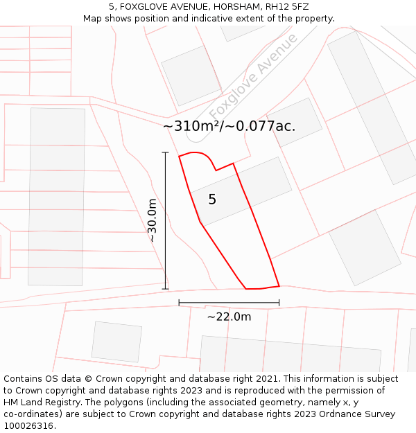 5, FOXGLOVE AVENUE, HORSHAM, RH12 5FZ: Plot and title map