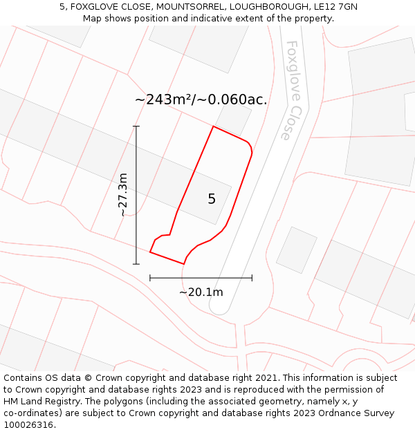 5, FOXGLOVE CLOSE, MOUNTSORREL, LOUGHBOROUGH, LE12 7GN: Plot and title map