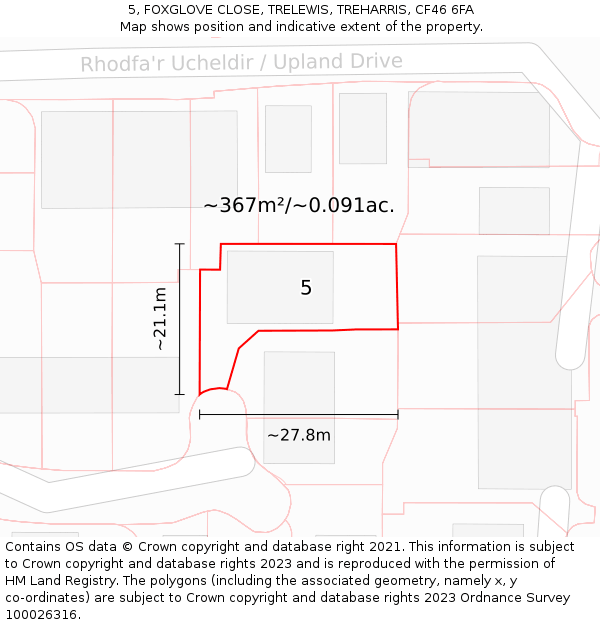 5, FOXGLOVE CLOSE, TRELEWIS, TREHARRIS, CF46 6FA: Plot and title map