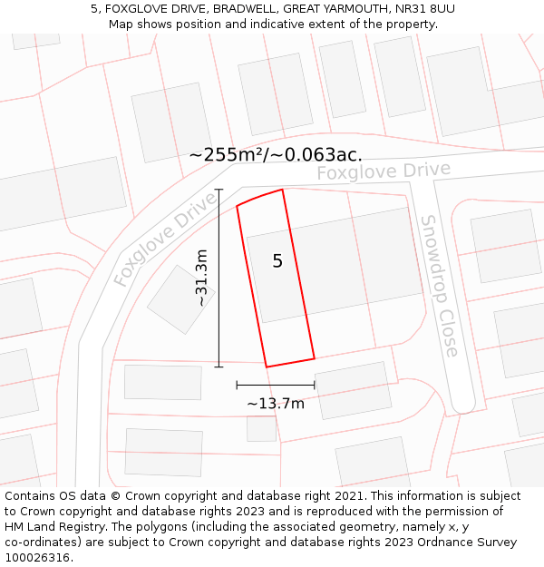 5, FOXGLOVE DRIVE, BRADWELL, GREAT YARMOUTH, NR31 8UU: Plot and title map